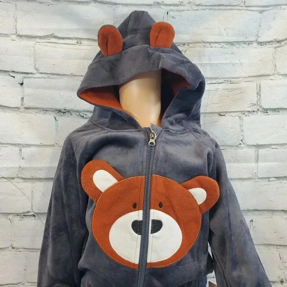 5T Toddler Grey Teddy Bear 2 piece Hoodie and Pants Velvet Outfit Set
